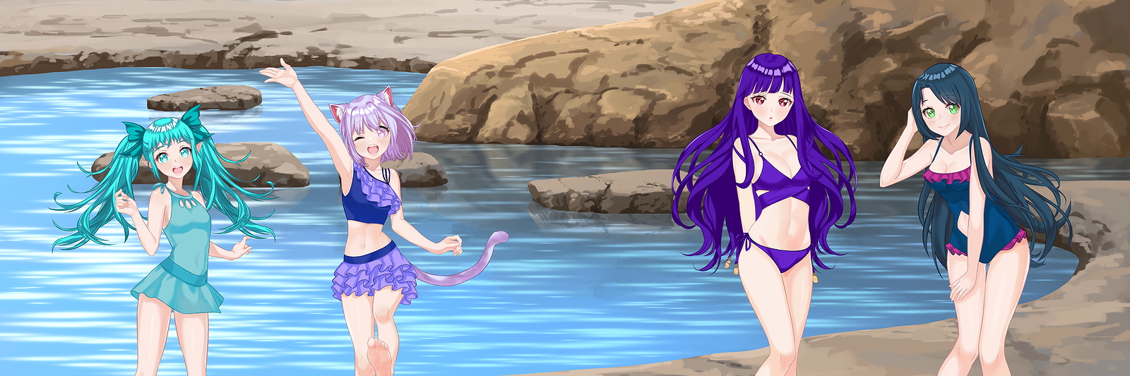 Laya, Alisha, Tylith, and Belle from a left to right order in swimsuits by a small body of water and with brown rocky terrain in the background